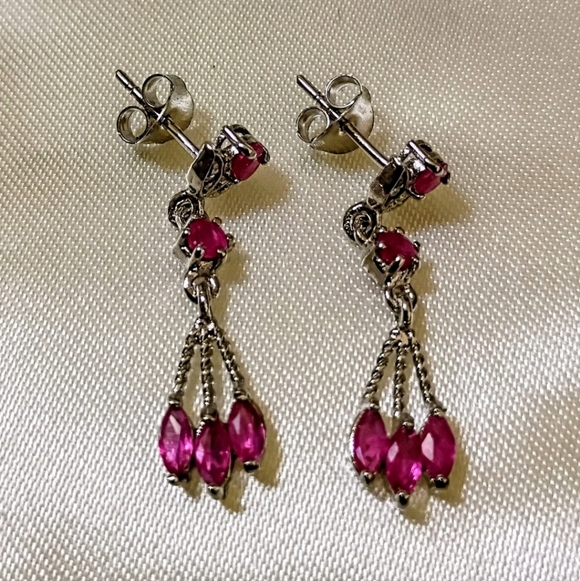 Vintage Silver Genuine Ruby Floral Bud Dangle Chandelier Earrings - Picture 3 of 5